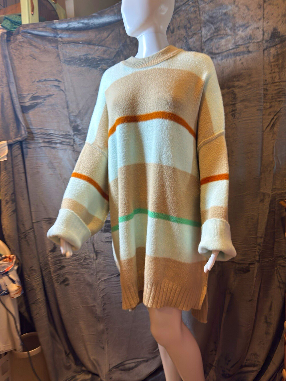 Free People Boho Oversized Striped Knit Pullover Sweater Beige Mint Green Stripe
